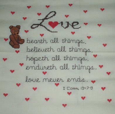 Love Bearth All Things
<p>This is my oldest counted cross stitch piece that I still have.&nbsp; It was before I knew about making the work neat on the back, so it's very, very sloppy, with a lot of visible thread ends on the reverse side.</p>
Keywords: teddy bear