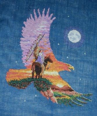 Eagle & Sunset
<p>This was from a Dimensions pattern - that's right, a <strong>pattern</strong>, not a kit.&nbsp; I purchased a special color of fabric that was recommended for it.&nbsp; I love this pattern.&nbsp; I did have trouble with this fabric, though.&nbsp; I prefer not to use a hoop or frame (and Q-snaps weren't available at the time), and I had to use a frame to stitch this.&nbsp; I fought with it a <strong>lot</strong>, though I'm happy with the end result.&nbsp; You can't see, but there are tiny, tiny beads stitched on the fabric to represent stars (in addition to the stars stitched with blending filament).</p>
Keywords: cross stitch