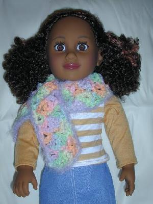 Scarf worn by AG-type doll Quia
This was a scarf I crocheted for Tia, my friend's AG-type doll.  Quia, her sister, was kind enough to model it.
Keywords: scarf