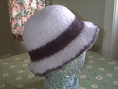 Cloche style in gray and black
<p>I didn't curl the brim on this one because it looks fine the way it is.&nbsp; Smaller adult or teen heads fit this one.</p>
