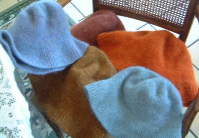 The hats that failed.
<p>This and the following picture are hats that refused to shrink.&nbsp; BUMMER.&nbsp; Have to figure out what to do with them now.&nbsp; They felted enough so they can't be frogged.</p>
