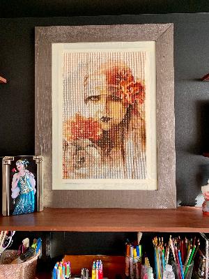 Claudia
<p>First diamond painting using the pattern generator!!&nbsp; It turned out so good.&nbsp; Printed the pattern pages at 80% of size so the beads would fit in the grid and glued the pages together.&nbsp; Just taped to the frame right now to see how it would look.</p>
