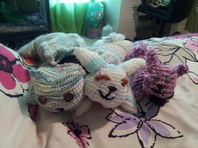 Gaint Knitted Bunny, Cat, and regular sized bunny
