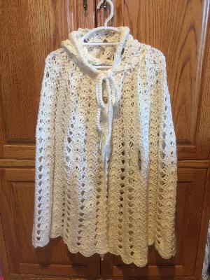 Crocheted Cape
<p>Loved doing this, but it was a lengthy one. Whether I will wear it, I don't know, but I probably will in the winter. It is warm!</p>
